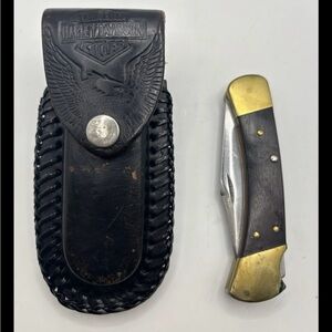 Vintage BUCK 110 folding pocket KNIFE USA Harley Davidson leather sheath